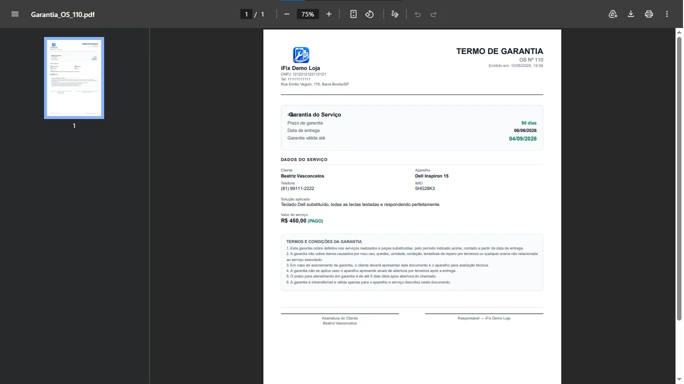 Preview do PDF de OS gerado