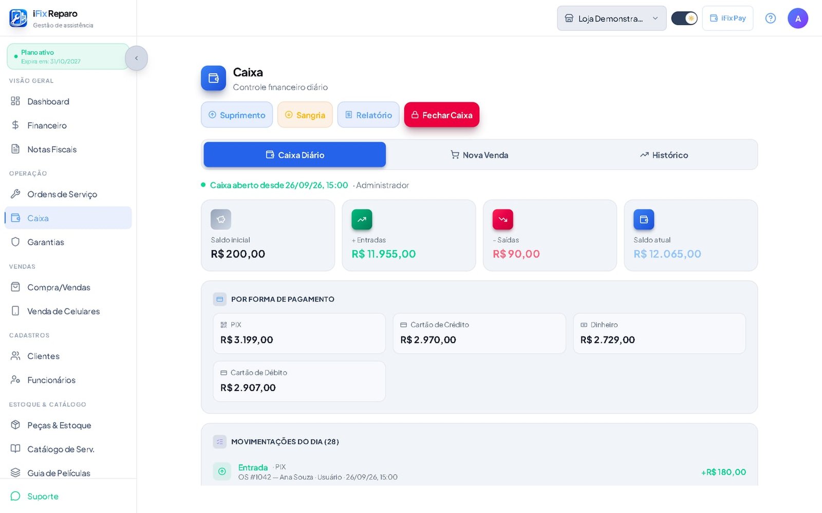 Caixa com entradas, saídas e saldo por forma de pagamento