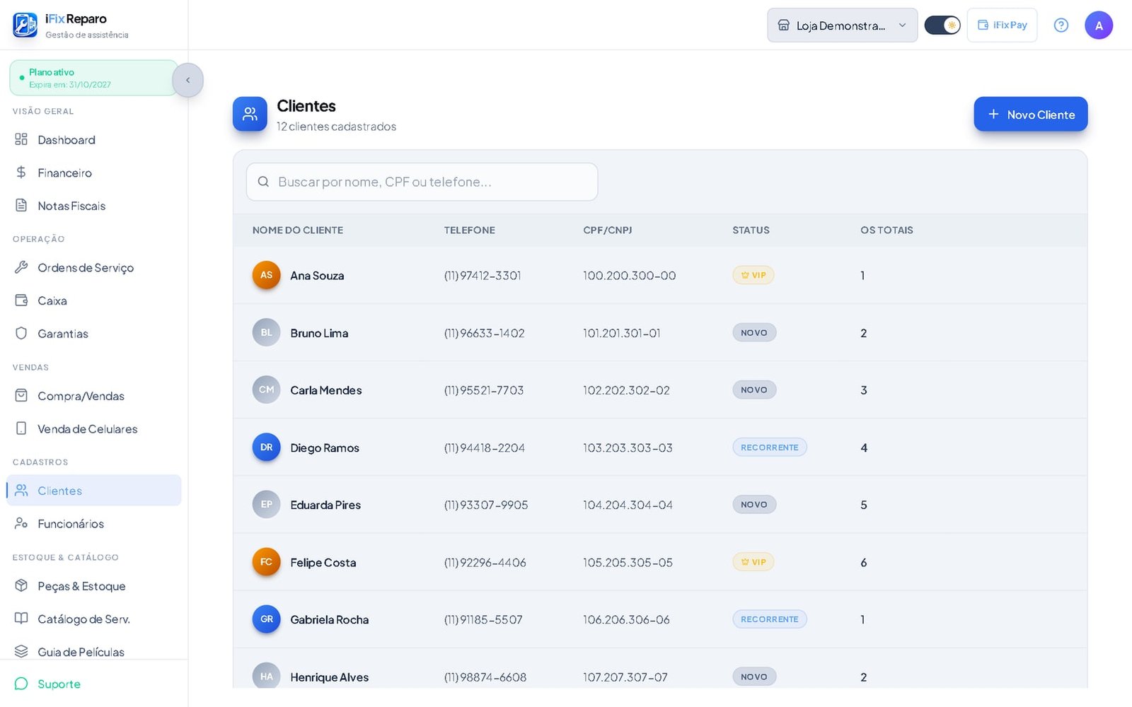 Lista de clientes com status e total de OS