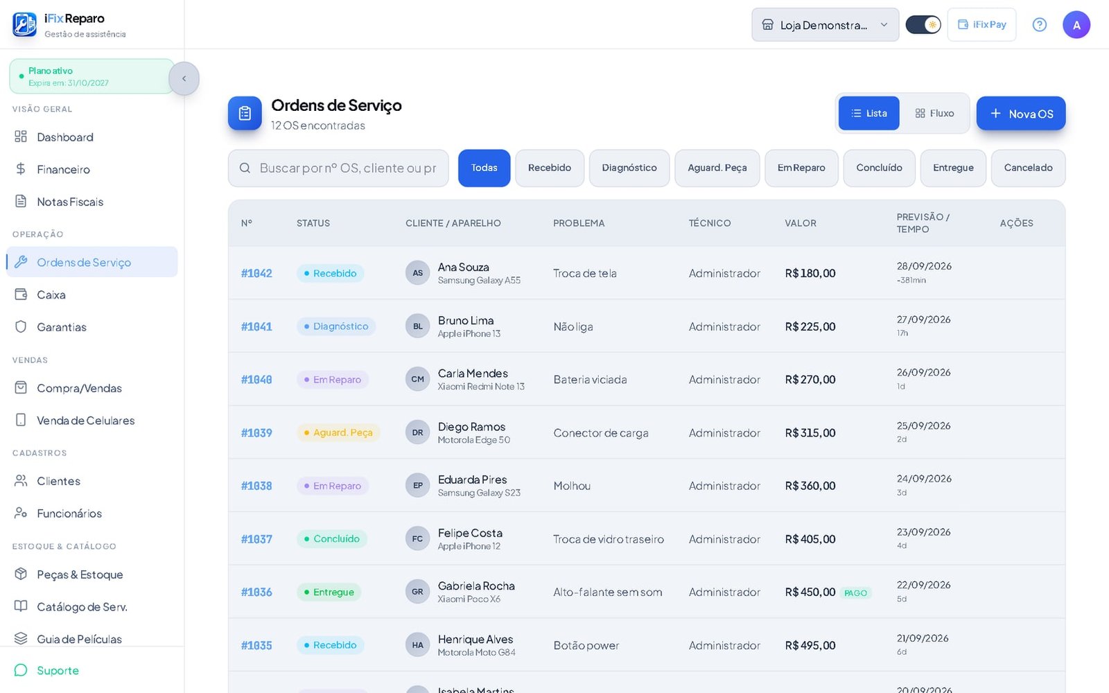 Lista de OS com status coloridos